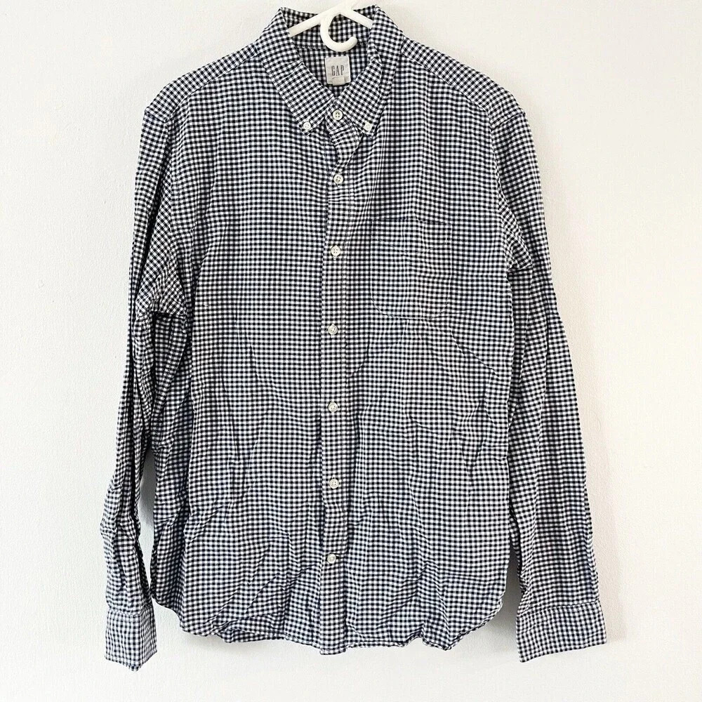 Gap Mens Blue Check Long Sleeve Button Up Shirt Sz Large Gingham Casual Cotton